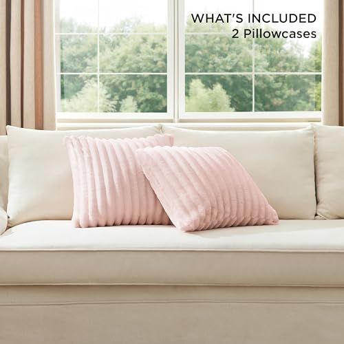 Bedsure White Throw Pillow Covers 18x18 Set of 2, Soft Decorative Fluffy Striped Sofa Pillow Covers, Home Decor for Living Room Couch Bed