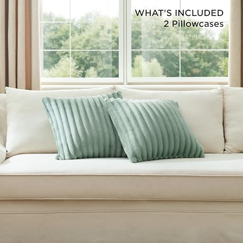 Bedsure White Throw Pillow Covers 18x18 Set of 2, Soft Decorative Fluffy Striped Sofa Pillow Covers, Home Decor for Living Room Couch Bed