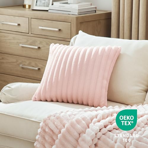 Bedsure White Throw Pillow Covers 18x18 Set of 2, Soft Decorative Fluffy Striped Sofa Pillow Covers, Home Decor for Living Room Couch Bed