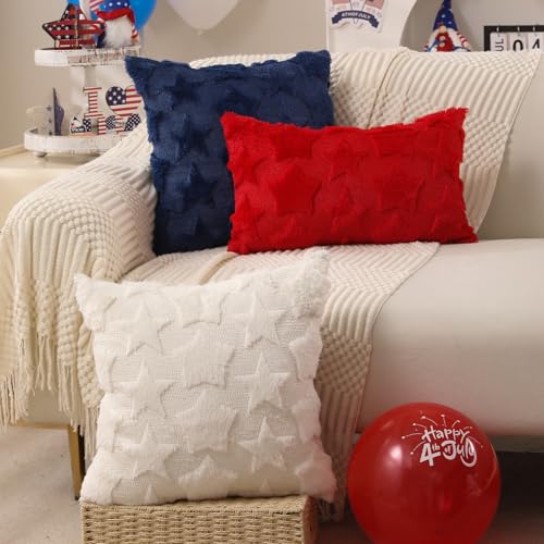 DFXSZ 4th of July Pillow Covers 18x18 inch Set of 2 4th of July Decor White Size Stars Decoration White Soft Plush Faux Fur Jacquard Throw Pillows Independence Day Decorations for Home Sofa PTK030C18