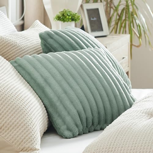 Bedsure White Throw Pillow Covers 18x18 Set of 2, Soft Decorative Fluffy Striped Sofa Pillow Covers, Home Decor for Living Room Couch Bed