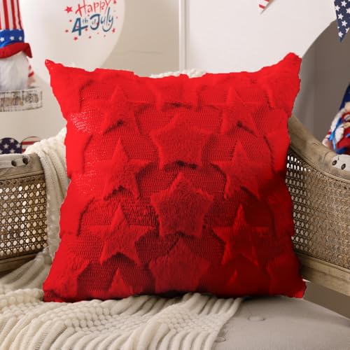 DFXSZ 4th of July Pillow Covers 18x18 inch Set of 2 4th of July Decor White Size Stars Decoration White Soft Plush Faux Fur Jacquard Throw Pillows Independence Day Decorations for Home Sofa PTK030C18