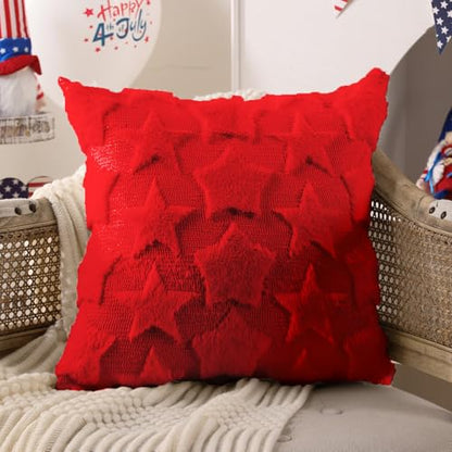 DFXSZ 4th of July Pillow Covers 18x18 inch Set of 2 4th of July Decor White Size Stars Decoration White Soft Plush Faux Fur Jacquard Throw Pillows Independence Day Decorations for Home Sofa PTK030C18