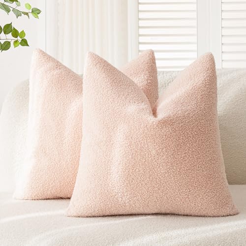 Foindtower Pack of 2, Curly Faux Fur Decorative Throw Pillow Covers Soft Neutral Plush Cushion Case Cozy Fluffy Furry Pillowcase for Home Living Room Couch Bedroom Sofa 18 x 18 Inch, Cream White