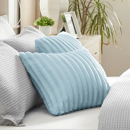 Bedsure White Throw Pillow Covers 18x18 Set of 2, Soft Decorative Fluffy Striped Sofa Pillow Covers, Home Decor for Living Room Couch Bed