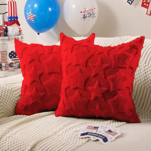DFXSZ 4th of July Pillow Covers 18x18 inch Set of 2 4th of July Decor White Size Stars Decoration White Soft Plush Faux Fur Jacquard Throw Pillows Independence Day Decorations for Home Sofa PTK030C18