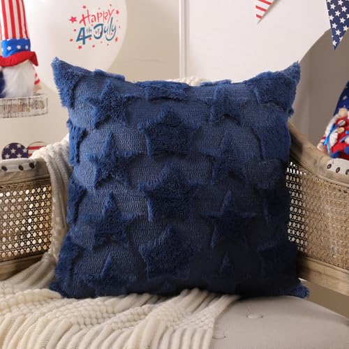 DFXSZ 4th of July Pillow Covers 18x18 inch Set of 2 4th of July Decor White Size Stars Decoration White Soft Plush Faux Fur Jacquard Throw Pillows Independence Day Decorations for Home Sofa PTK030C18