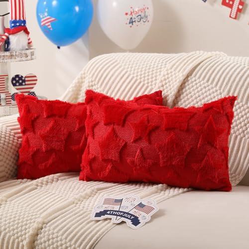 DFXSZ 4th of July Pillow Covers 18x18 inch Set of 2 4th of July Decor White Size Stars Decoration White Soft Plush Faux Fur Jacquard Throw Pillows Independence Day Decorations for Home Sofa PTK030C18