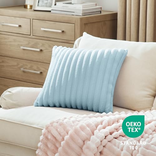 Bedsure White Throw Pillow Covers 18x18 Set of 2, Soft Decorative Fluffy Striped Sofa Pillow Covers, Home Decor for Living Room Couch Bed