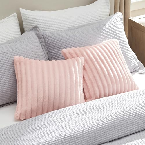 Bedsure White Throw Pillow Covers 18x18 Set of 2, Soft Decorative Fluffy Striped Sofa Pillow Covers, Home Decor for Living Room Couch Bed