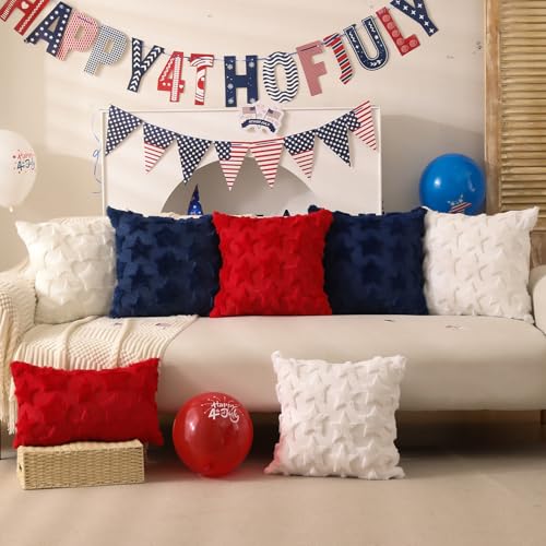 DFXSZ 4th of July Pillow Covers 18x18 inch Set of 2 4th of July Decor White Size Stars Decoration White Soft Plush Faux Fur Jacquard Throw Pillows Independence Day Decorations for Home Sofa PTK030C18