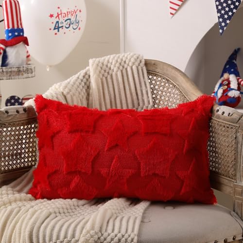 DFXSZ 4th of July Pillow Covers 18x18 inch Set of 2 4th of July Decor White Size Stars Decoration White Soft Plush Faux Fur Jacquard Throw Pillows Independence Day Decorations for Home Sofa PTK030C18