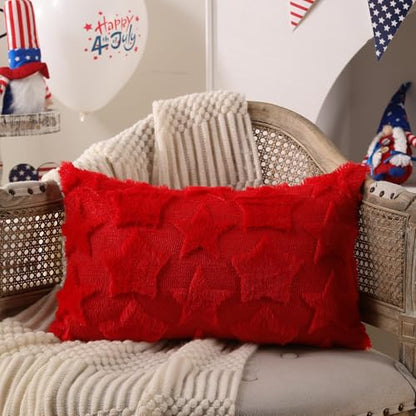 DFXSZ 4th of July Pillow Covers 18x18 inch Set of 2 4th of July Decor White Size Stars Decoration White Soft Plush Faux Fur Jacquard Throw Pillows Independence Day Decorations for Home Sofa PTK030C18