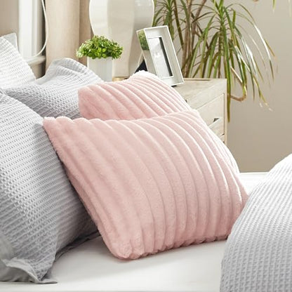 Bedsure White Throw Pillow Covers 18x18 Set of 2, Soft Decorative Fluffy Striped Sofa Pillow Covers, Home Decor for Living Room Couch Bed
