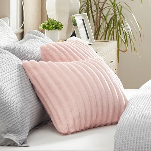 Bedsure White Throw Pillow Covers 18x18 Set of 2, Soft Decorative Fluffy Striped Sofa Pillow Covers, Home Decor for Living Room Couch Bed