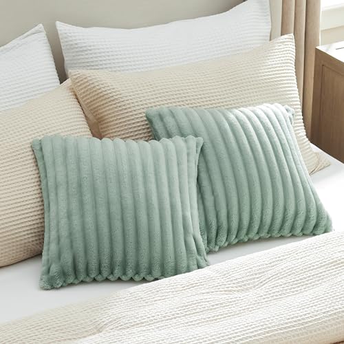 Bedsure White Throw Pillow Covers 18x18 Set of 2, Soft Decorative Fluffy Striped Sofa Pillow Covers, Home Decor for Living Room Couch Bed