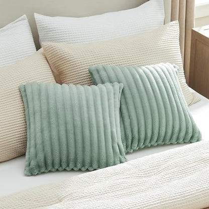Bedsure White Throw Pillow Covers 18x18 Set of 2, Soft Decorative Fluffy Striped Sofa Pillow Covers, Home Decor for Living Room Couch Bed