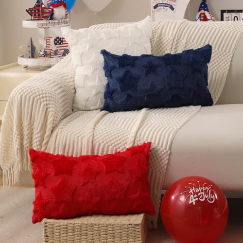 DFXSZ 4th of July Pillow Covers 18x18 inch Set of 2 4th of July Decor White Size Stars Decoration White Soft Plush Faux Fur Jacquard Throw Pillows Independence Day Decorations for Home Sofa PTK030C18