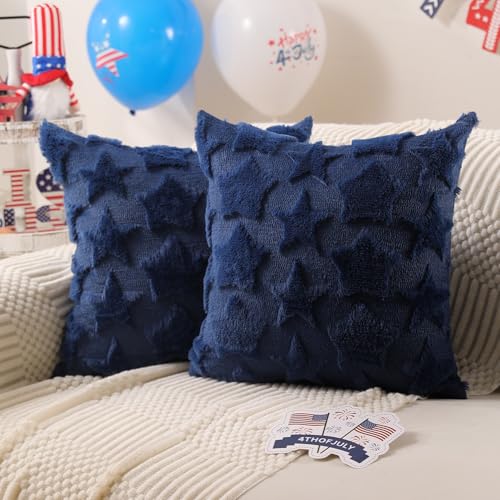 DFXSZ 4th of July Pillow Covers 18x18 inch Set of 2 4th of July Decor White Size Stars Decoration White Soft Plush Faux Fur Jacquard Throw Pillows Independence Day Decorations for Home Sofa PTK030C18