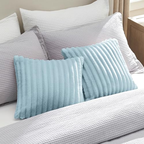 Bedsure White Throw Pillow Covers 18x18 Set of 2, Soft Decorative Fluffy Striped Sofa Pillow Covers, Home Decor for Living Room Couch Bed
