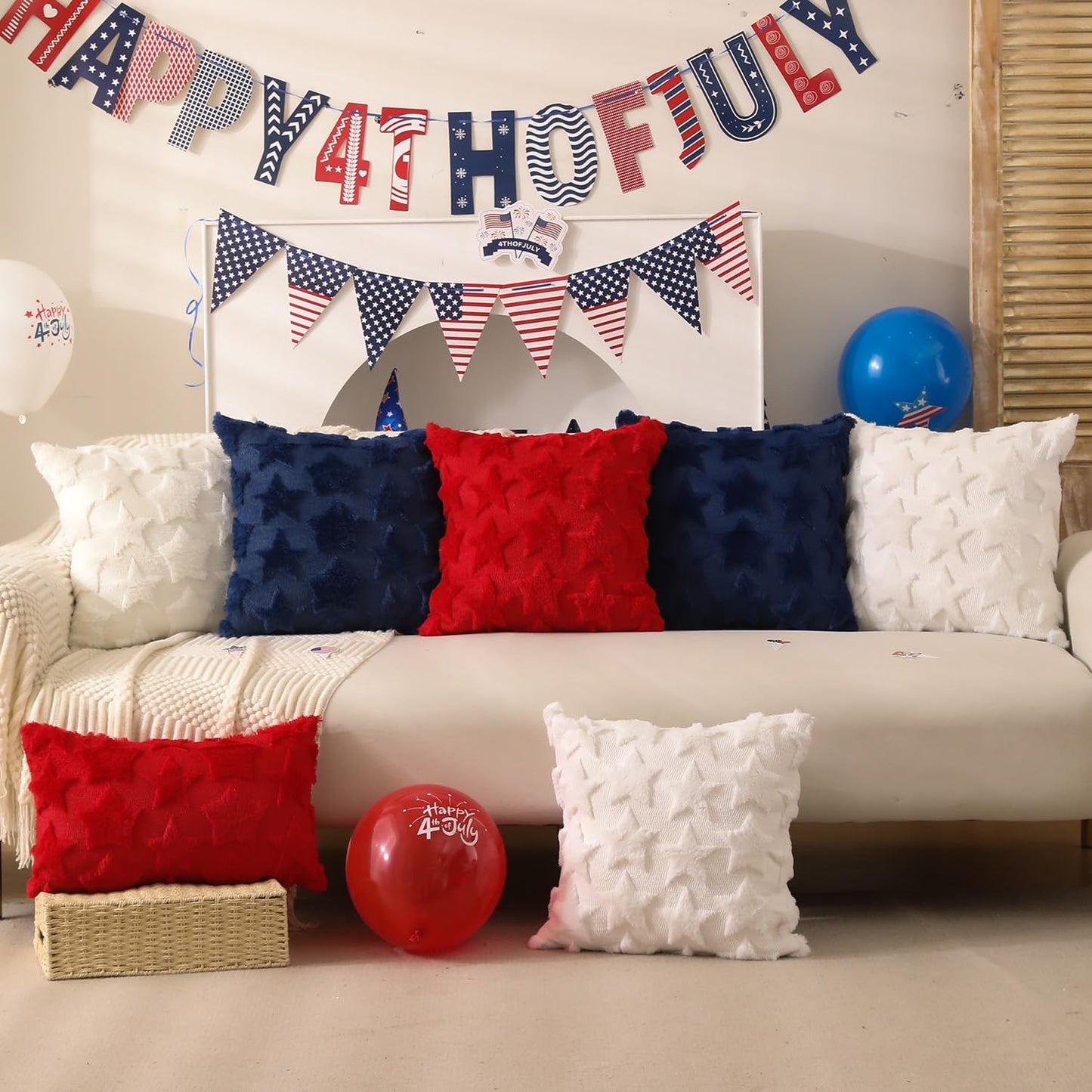DFXSZ 4th of July Pillow Covers 18x18 inch Set of 2 4th of July Decor White Size Stars Decoration White Soft Plush Faux Fur Jacquard Throw Pillows Independence Day Decorations for Home Sofa PTK030C18