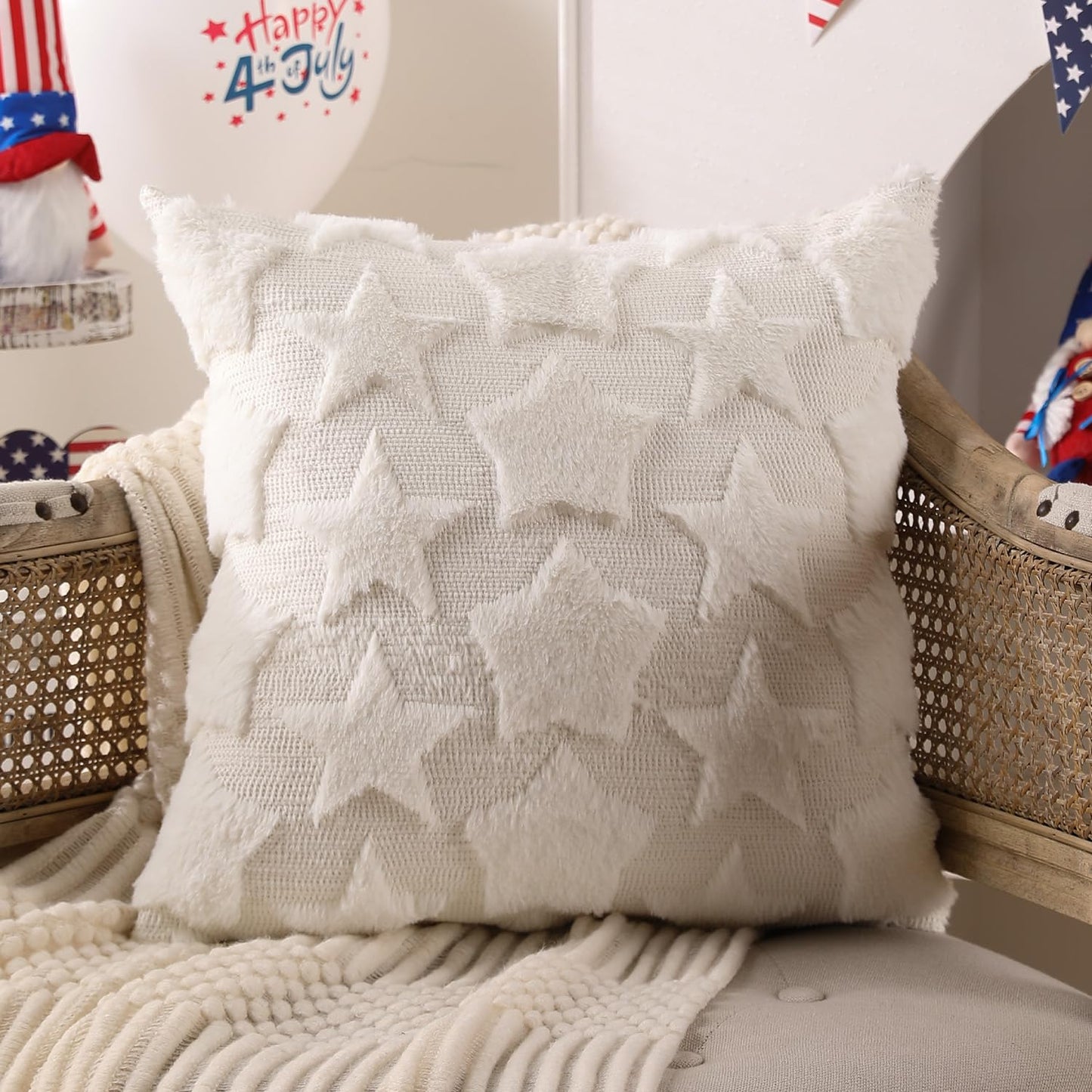 DFXSZ 4th of July Pillow Covers 18x18 inch Set of 2 4th of July Decor White Size Stars Decoration White Soft Plush Faux Fur Jacquard Throw Pillows Independence Day Decorations for Home Sofa PTK030C18