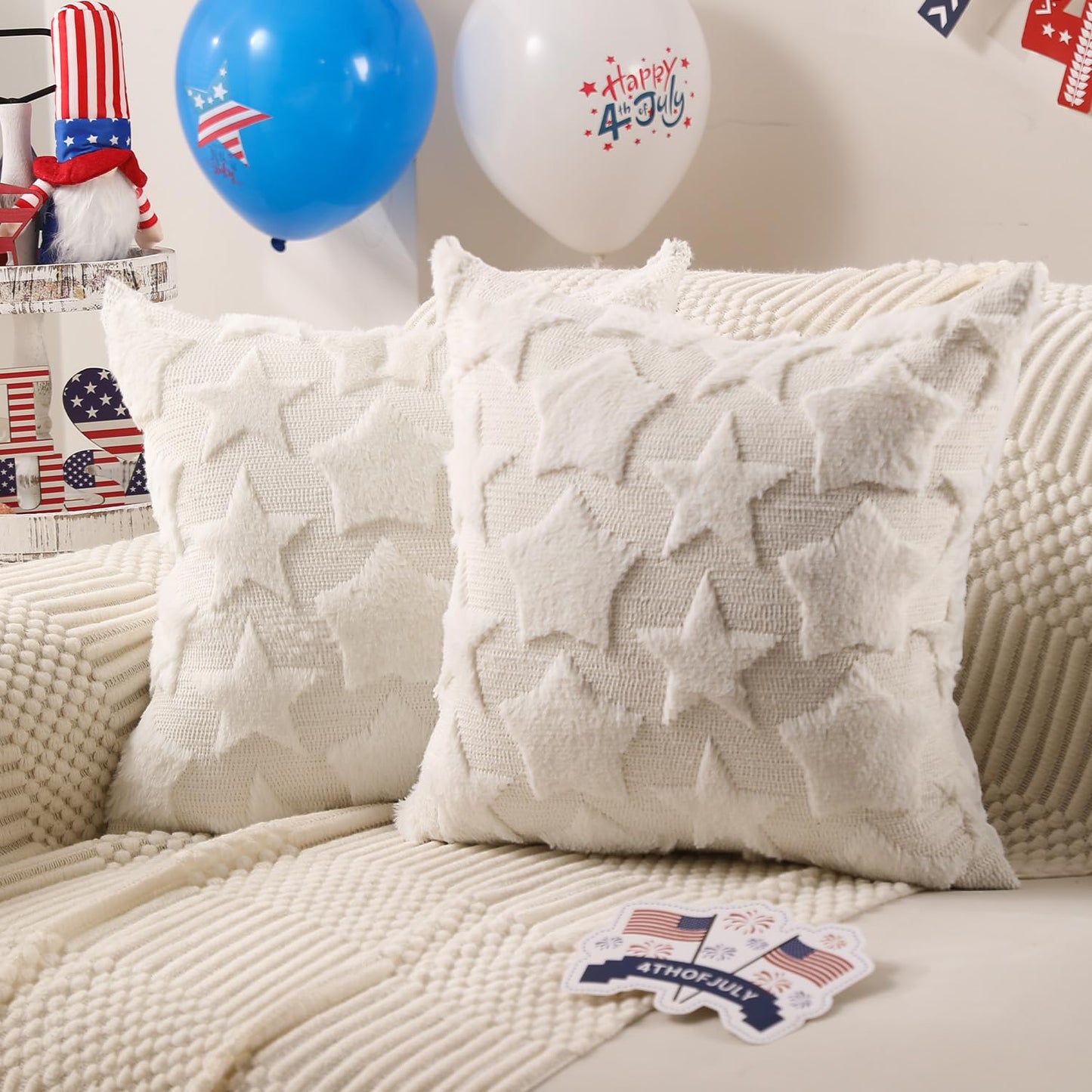 DFXSZ 4th of July Pillow Covers 18x18 inch Set of 2 4th of July Decor White Size Stars Decoration White Soft Plush Faux Fur Jacquard Throw Pillows Independence Day Decorations for Home Sofa PTK030C18