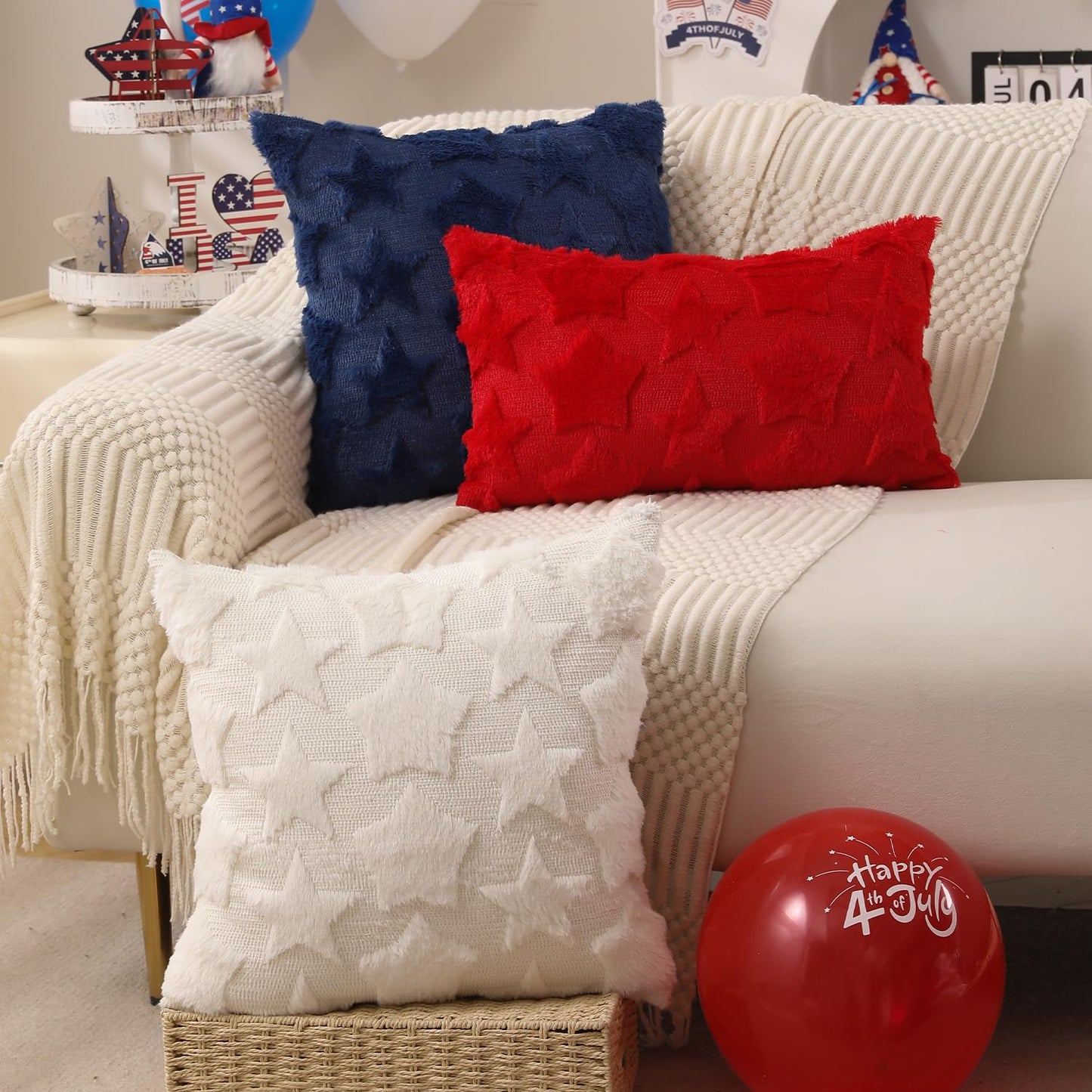 DFXSZ 4th of July Pillow Covers 18x18 inch Set of 2 4th of July Decor White Size Stars Decoration White Soft Plush Faux Fur Jacquard Throw Pillows Independence Day Decorations for Home Sofa PTK030C18