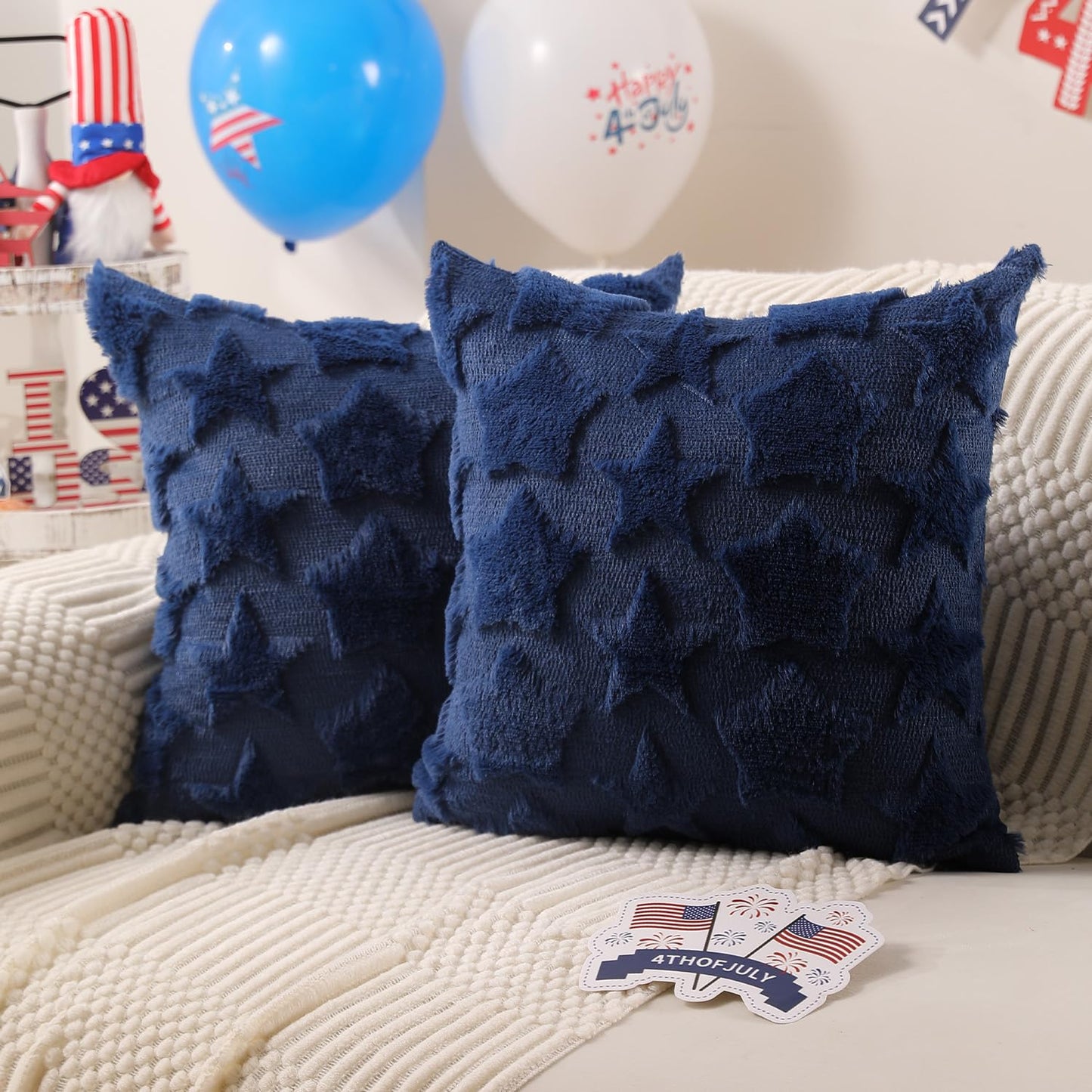 DFXSZ 4th of July Pillow Covers 18x18 inch Set of 2 4th of July Decor White Size Stars Decoration White Soft Plush Faux Fur Jacquard Throw Pillows Independence Day Decorations for Home Sofa PTK030C18