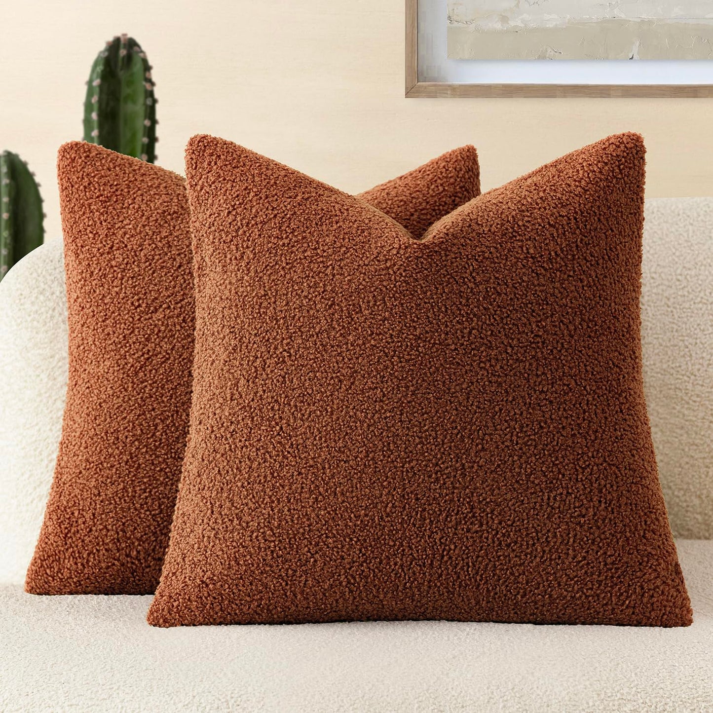 Foindtower Pack of 2, Curly Faux Fur Decorative Throw Pillow Covers Soft Neutral Plush Cushion Case Cozy Fluffy Furry Pillowcase for Home Living Room Couch Bedroom Sofa 18 x 18 Inch, Cream White