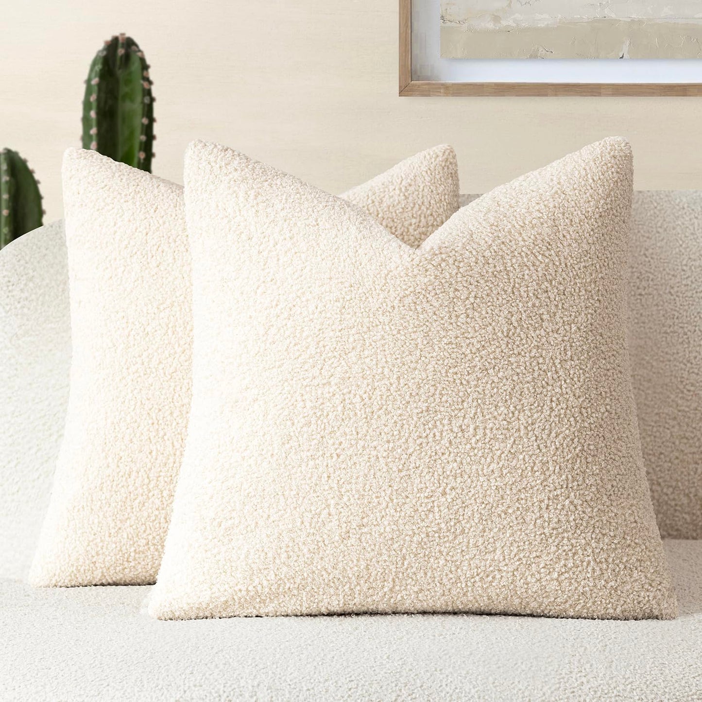 Foindtower Pack of 2, Curly Faux Fur Decorative Throw Pillow Covers Soft Neutral Plush Cushion Case Cozy Fluffy Furry Pillowcase for Home Living Room Couch Bedroom Sofa 18 x 18 Inch, Cream White