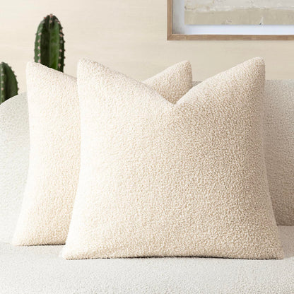 Foindtower Pack of 2, Curly Faux Fur Decorative Throw Pillow Covers Soft Neutral Plush Cushion Case Cozy Fluffy Furry Pillowcase for Home Living Room Couch Bedroom Sofa 18 x 18 Inch, Cream White