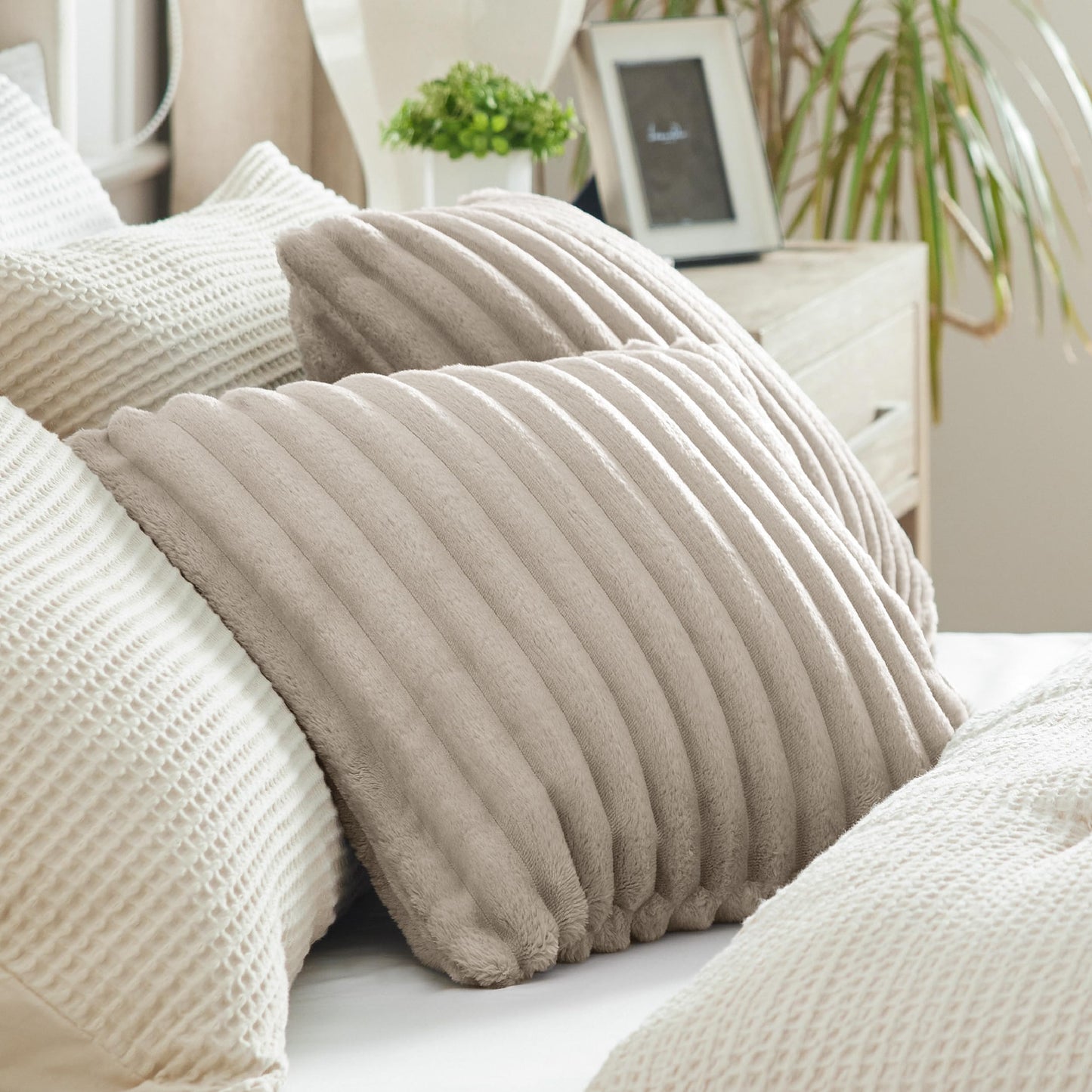 Bedsure White Throw Pillow Covers 18x18 Set of 2, Soft Decorative Fluffy Striped Sofa Pillow Covers, Home Decor for Living Room Couch Bed