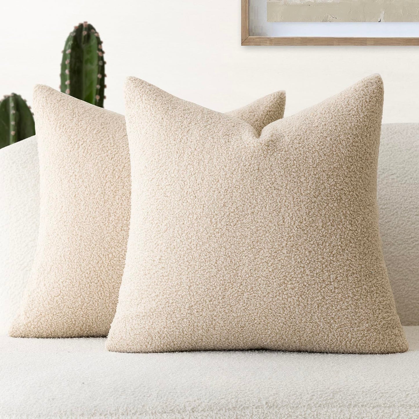 Foindtower Pack of 2, Curly Faux Fur Decorative Throw Pillow Covers Soft Neutral Plush Cushion Case Cozy Fluffy Furry Pillowcase for Home Living Room Couch Bedroom Sofa 18 x 18 Inch, Cream White