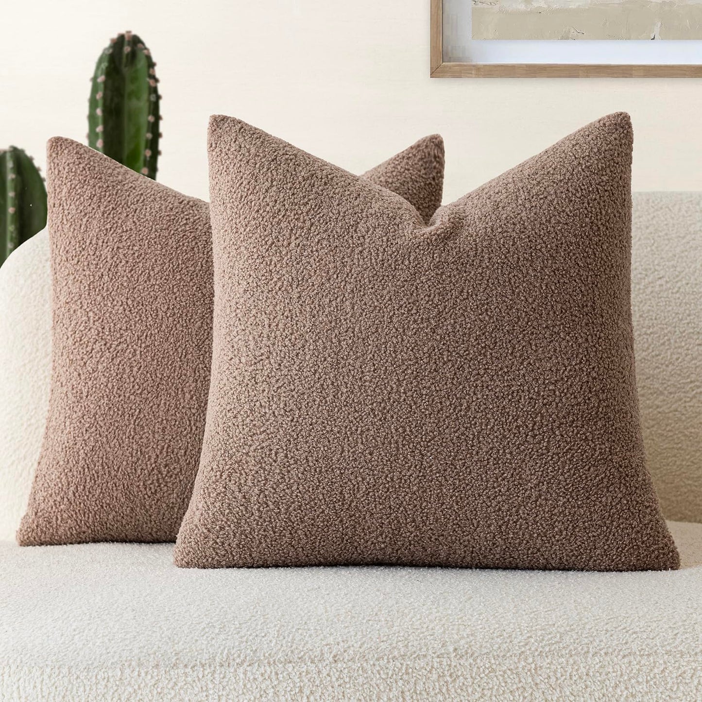 Foindtower Pack of 2, Curly Faux Fur Decorative Throw Pillow Covers Soft Neutral Plush Cushion Case Cozy Fluffy Furry Pillowcase for Home Living Room Couch Bedroom Sofa 18 x 18 Inch, Cream White
