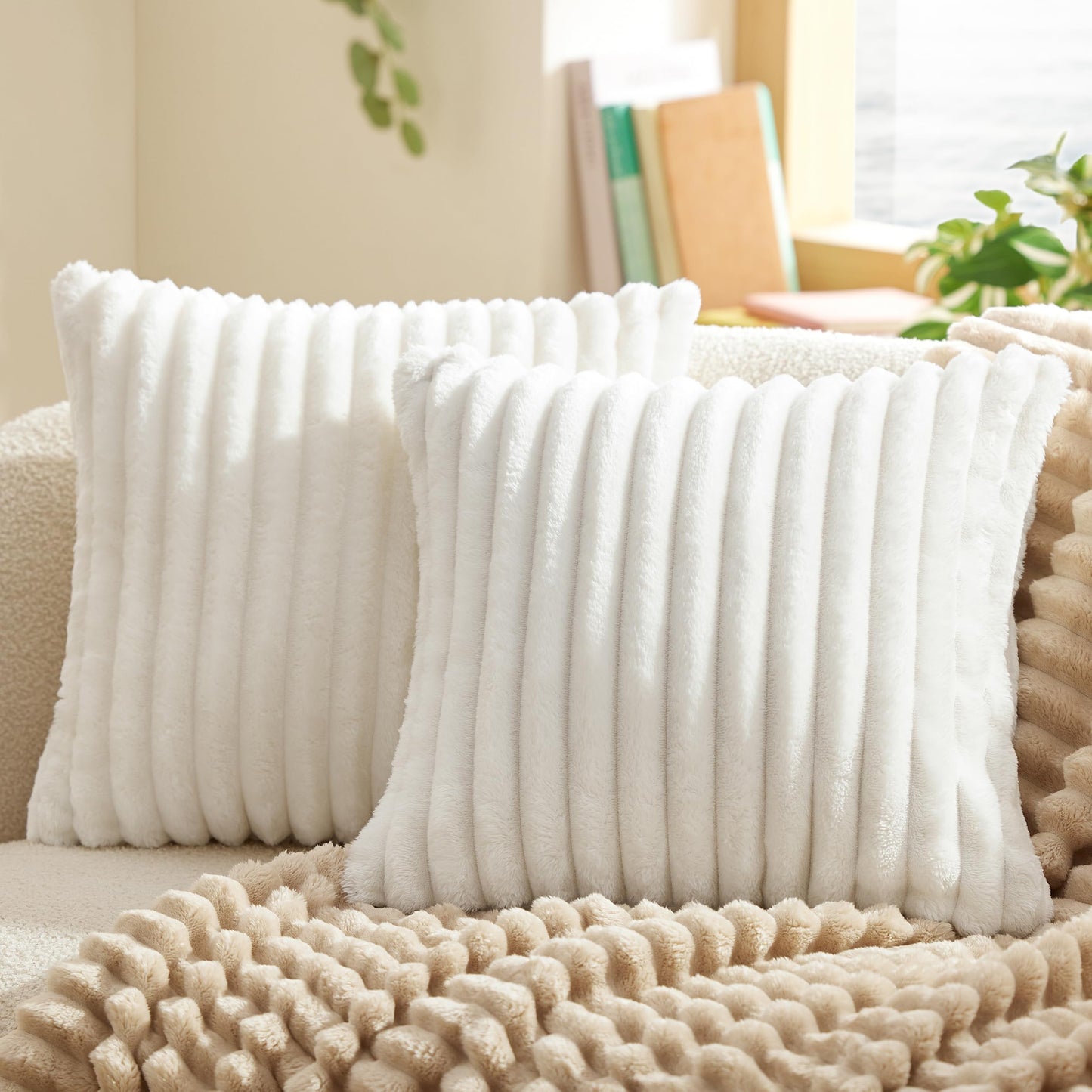 Bedsure White Throw Pillow Covers 18x18 Set of 2, Soft Decorative Fluffy Striped Sofa Pillow Covers, Home Decor for Living Room Couch Bed