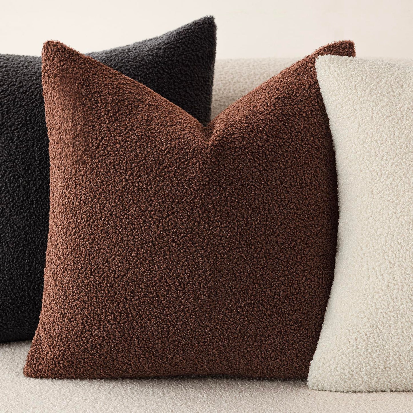 Foindtower Pack of 2, Curly Faux Fur Decorative Throw Pillow Covers Soft Neutral Plush Cushion Case Cozy Fluffy Furry Pillowcase for Home Living Room Couch Bedroom Sofa 18 x 18 Inch, Cream White