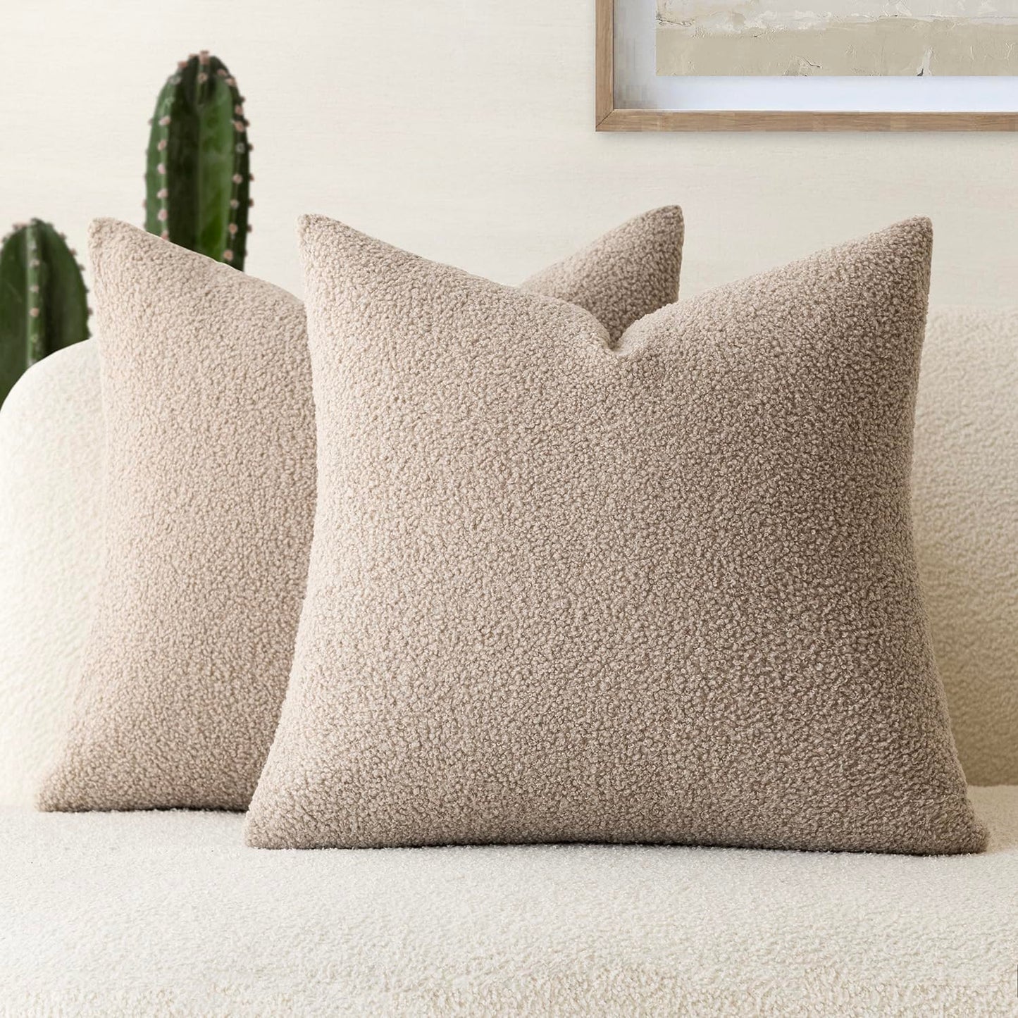 Foindtower Pack of 2, Curly Faux Fur Decorative Throw Pillow Covers Soft Neutral Plush Cushion Case Cozy Fluffy Furry Pillowcase for Home Living Room Couch Bedroom Sofa 18 x 18 Inch, Cream White