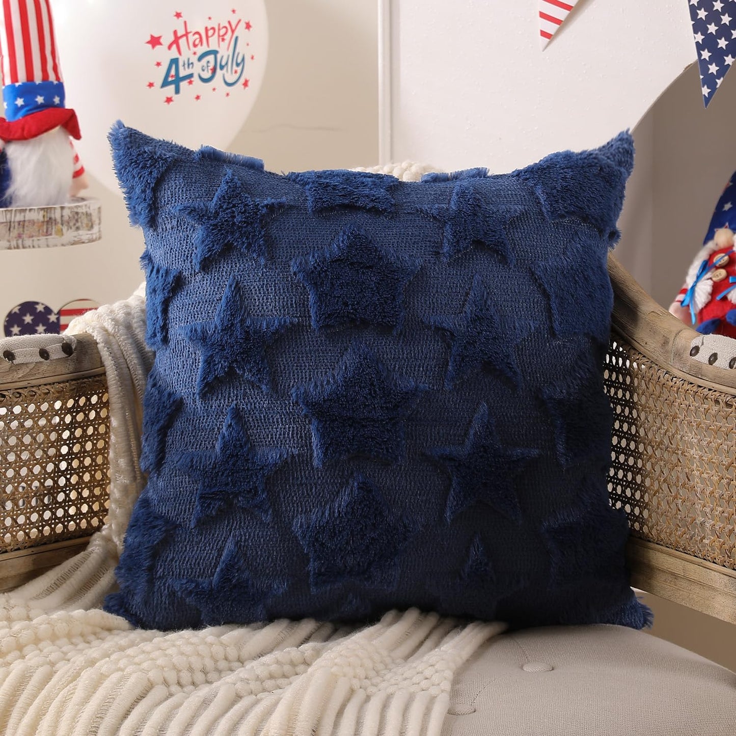DFXSZ 4th of July Pillow Covers 18x18 inch Set of 2 4th of July Decor White Size Stars Decoration White Soft Plush Faux Fur Jacquard Throw Pillows Independence Day Decorations for Home Sofa PTK030C18