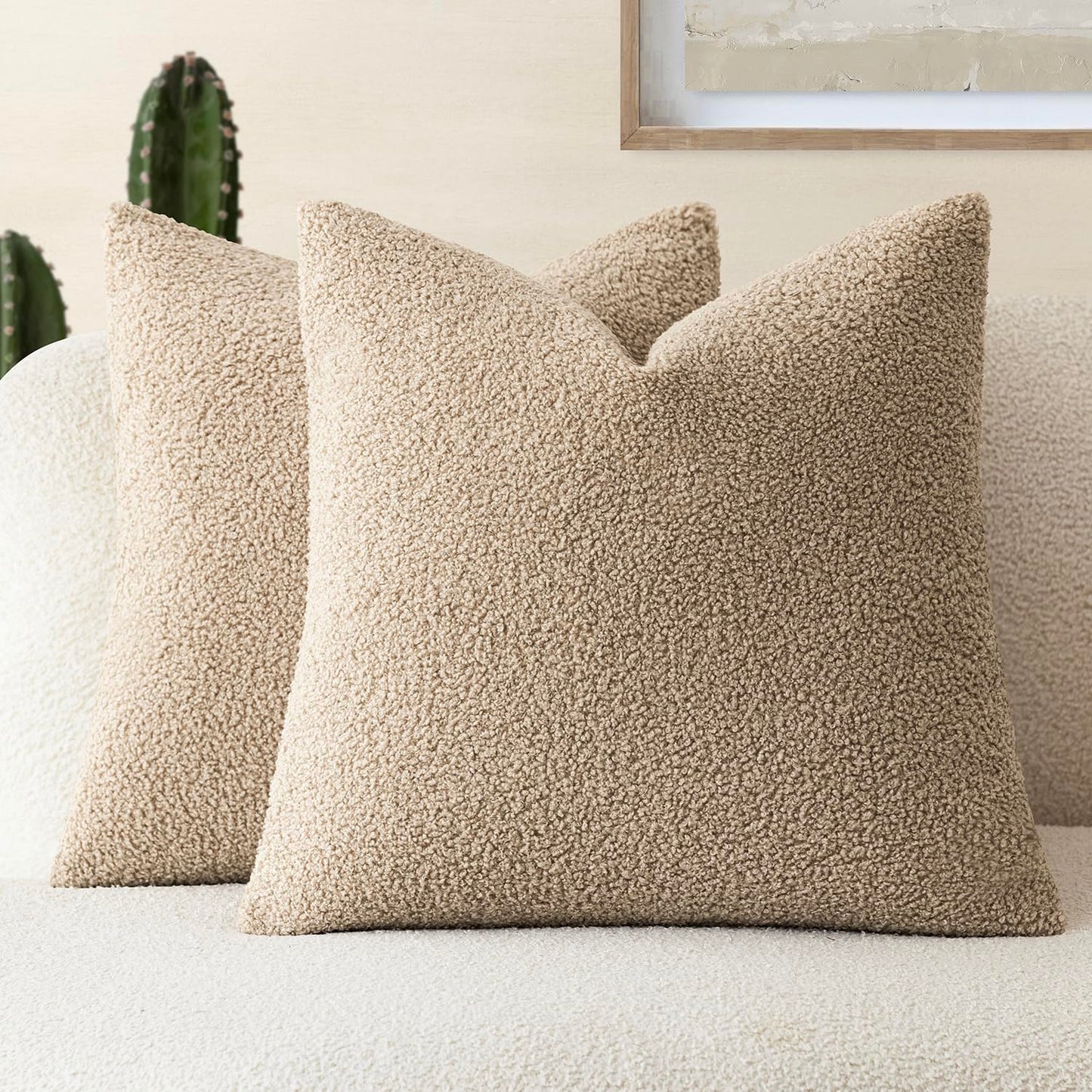 Foindtower Pack of 2, Curly Faux Fur Decorative Throw Pillow Covers Soft Neutral Plush Cushion Case Cozy Fluffy Furry Pillowcase for Home Living Room Couch Bedroom Sofa 18 x 18 Inch, Cream White