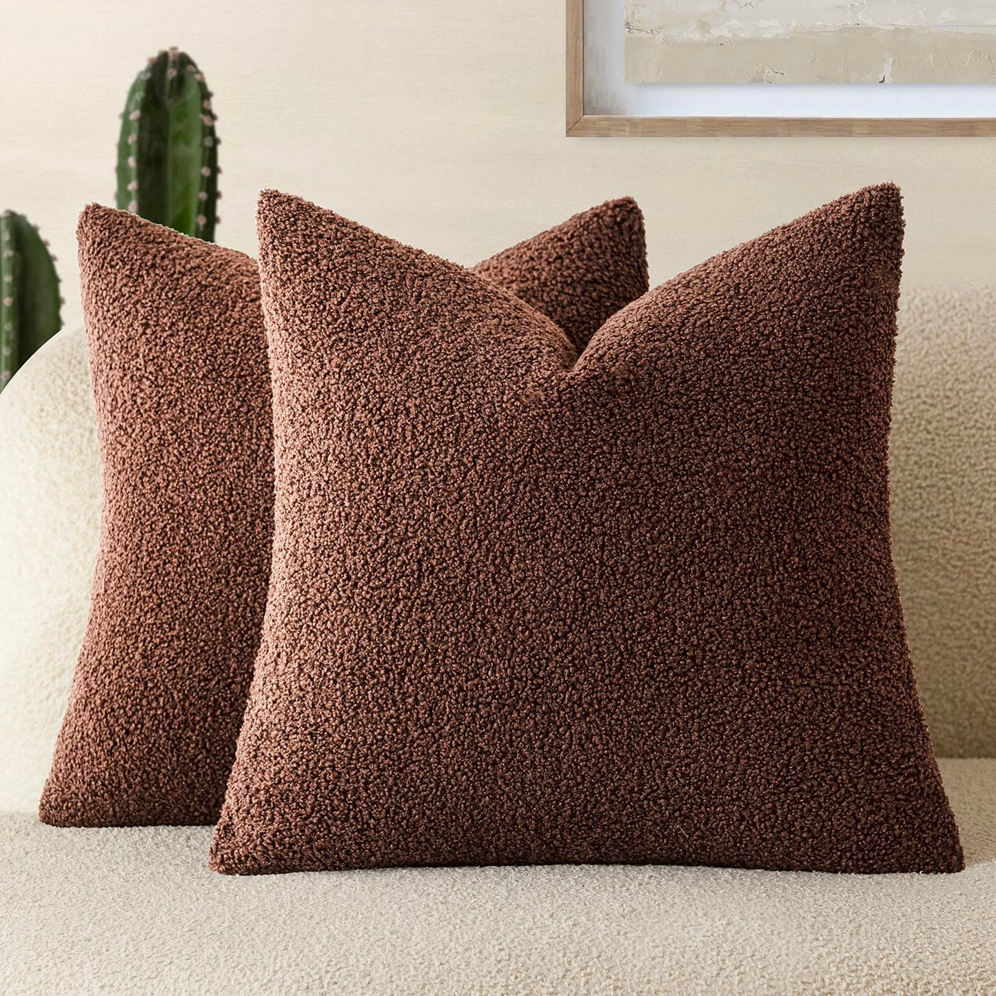 Foindtower Pack of 2, Curly Faux Fur Decorative Throw Pillow Covers Soft Neutral Plush Cushion Case Cozy Fluffy Furry Pillowcase for Home Living Room Couch Bedroom Sofa 18 x 18 Inch, Cream White