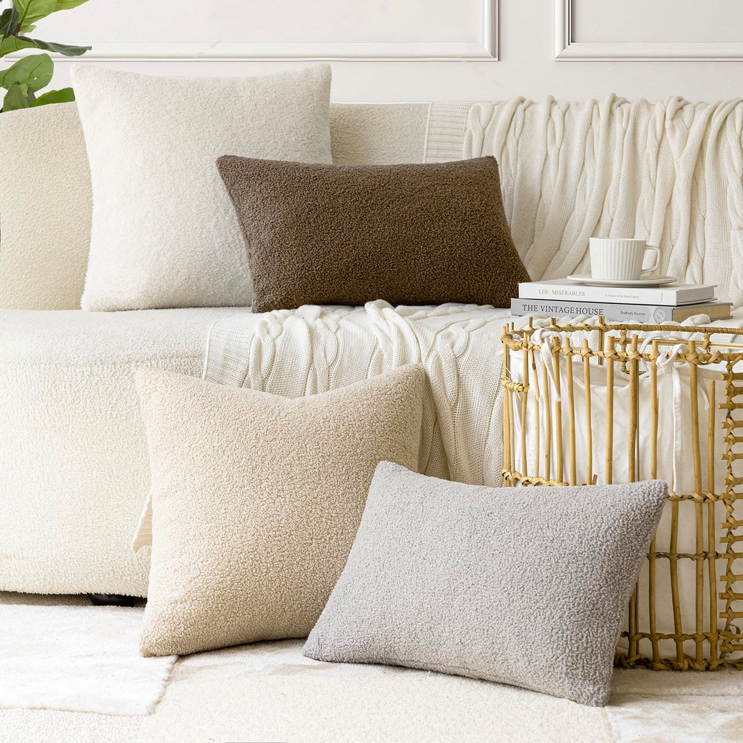 Foindtower Pack of 2, Curly Faux Fur Decorative Throw Pillow Covers Soft Neutral Plush Cushion Case Cozy Fluffy Furry Pillowcase for Home Living Room Couch Bedroom Sofa 18 x 18 Inch, Cream White
