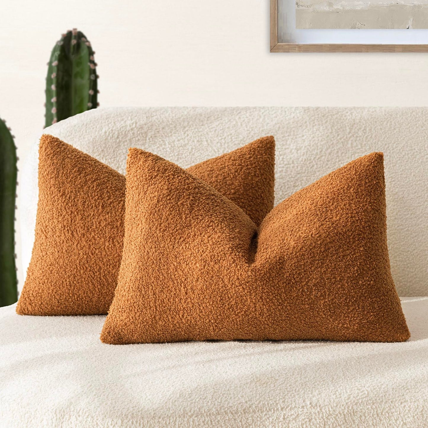 Foindtower Pack of 2, Curly Faux Fur Decorative Throw Pillow Covers Soft Neutral Plush Cushion Case Cozy Fluffy Furry Pillowcase for Home Living Room Couch Bedroom Sofa 18 x 18 Inch, Cream White