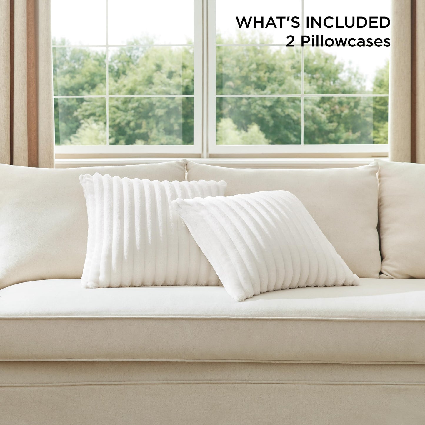 Bedsure White Throw Pillow Covers 18x18 Set of 2, Soft Decorative Fluffy Striped Sofa Pillow Covers, Home Decor for Living Room Couch Bed