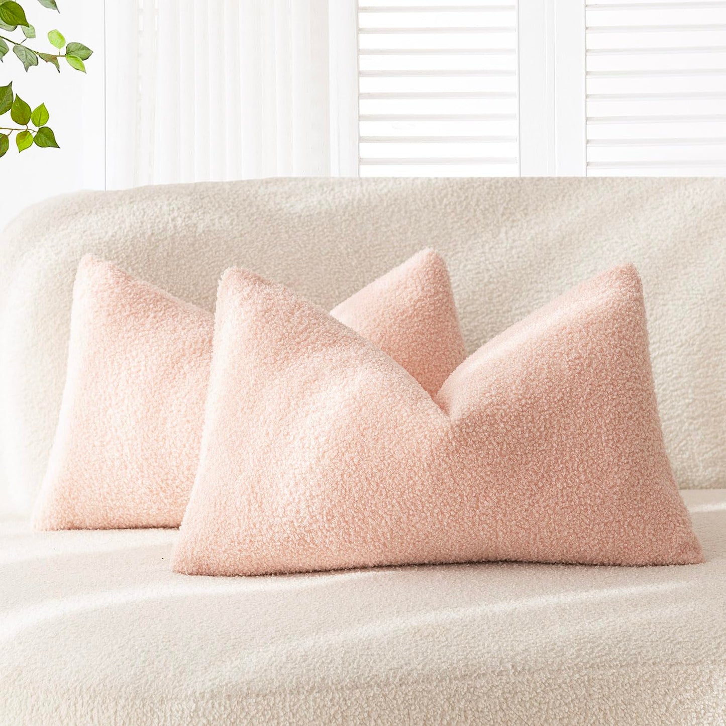 Foindtower Pack of 2, Curly Faux Fur Decorative Throw Pillow Covers Soft Neutral Plush Cushion Case Cozy Fluffy Furry Pillowcase for Home Living Room Couch Bedroom Sofa 18 x 18 Inch, Cream White