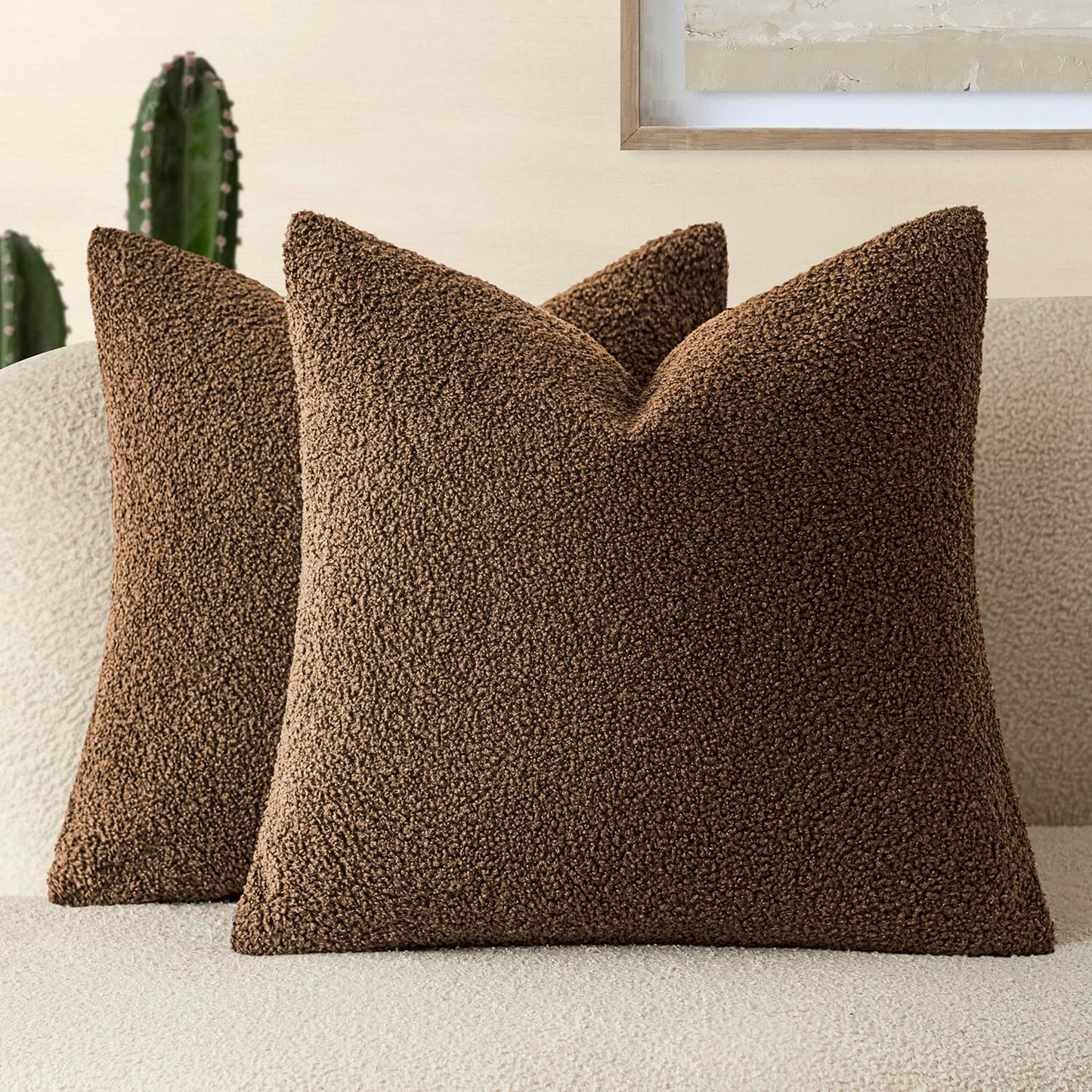 Foindtower Pack of 2, Curly Faux Fur Decorative Throw Pillow Covers Soft Neutral Plush Cushion Case Cozy Fluffy Furry Pillowcase for Home Living Room Couch Bedroom Sofa 18 x 18 Inch, Cream White