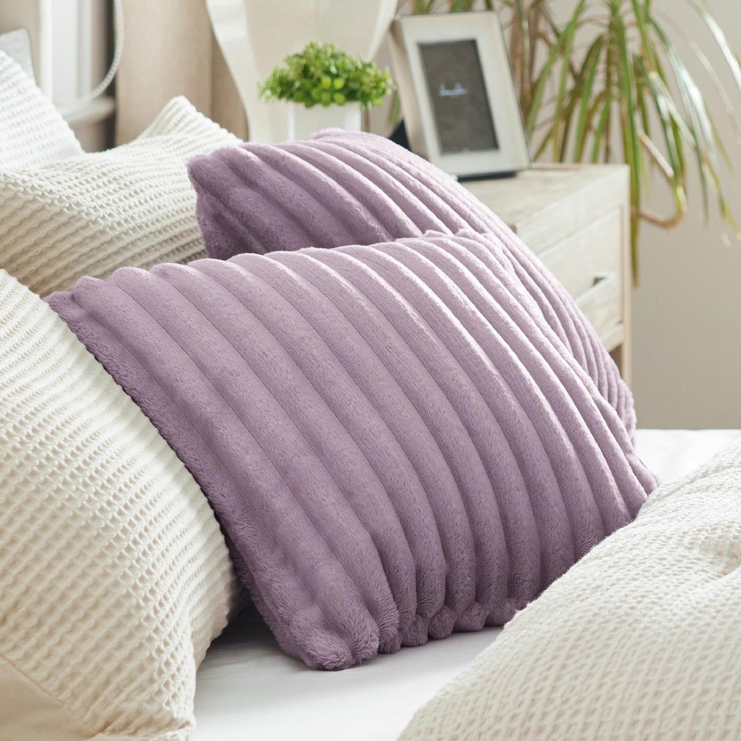 Bedsure White Throw Pillow Covers 18x18 Set of 2, Soft Decorative Fluffy Striped Sofa Pillow Covers, Home Decor for Living Room Couch Bed