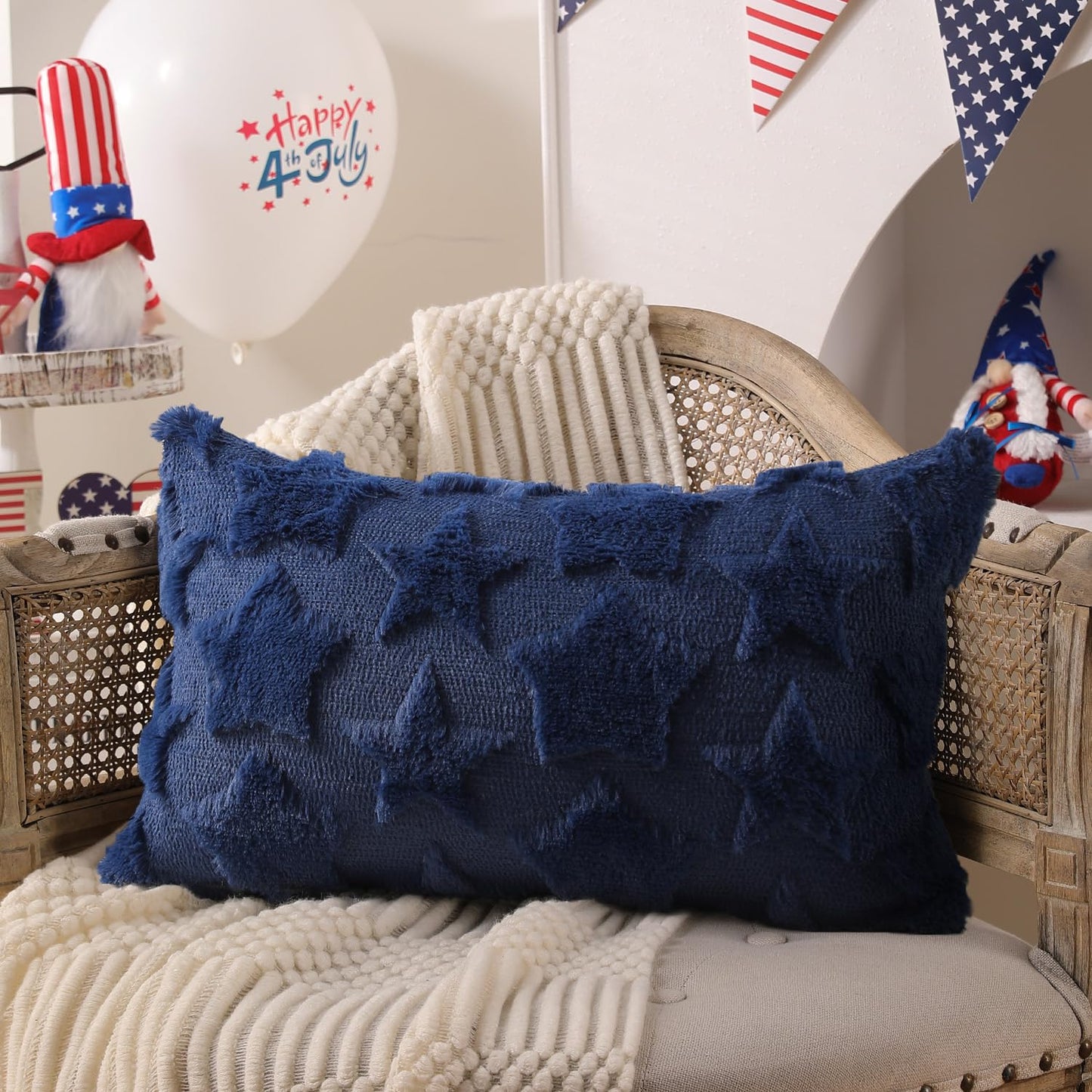 DFXSZ 4th of July Pillow Covers 18x18 inch Set of 2 4th of July Decor White Size Stars Decoration White Soft Plush Faux Fur Jacquard Throw Pillows Independence Day Decorations for Home Sofa PTK030C18