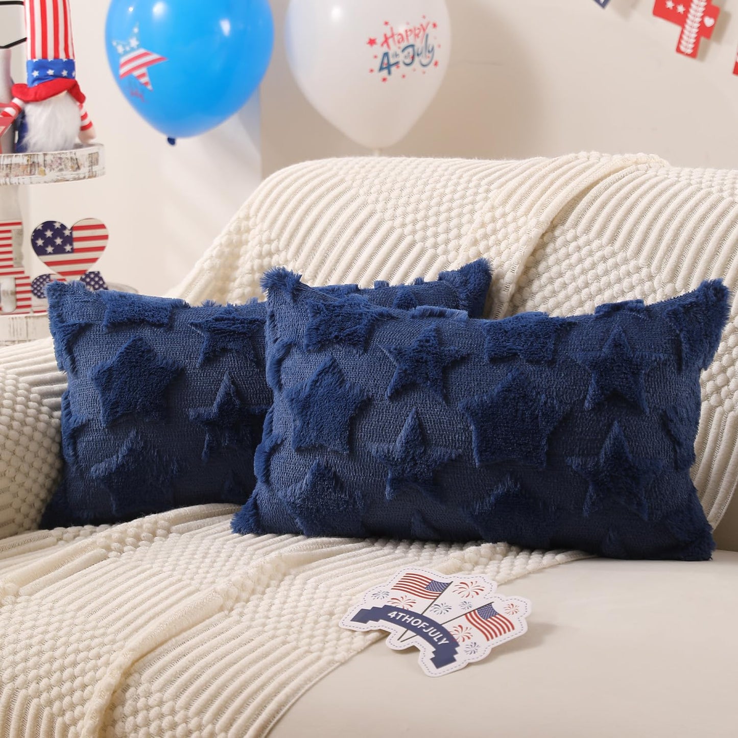 DFXSZ 4th of July Pillow Covers 18x18 inch Set of 2 4th of July Decor White Size Stars Decoration White Soft Plush Faux Fur Jacquard Throw Pillows Independence Day Decorations for Home Sofa PTK030C18