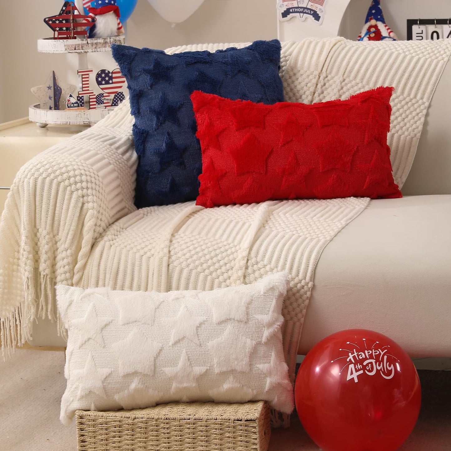DFXSZ 4th of July Pillow Covers 18x18 inch Set of 2 4th of July Decor White Size Stars Decoration White Soft Plush Faux Fur Jacquard Throw Pillows Independence Day Decorations for Home Sofa PTK030C18